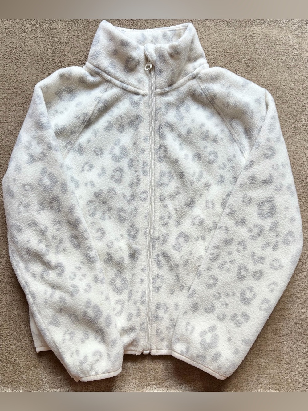 Girls Leopard Print Fleece Jacket - Cream & Gray Collared Zip Up, XS (4-5)